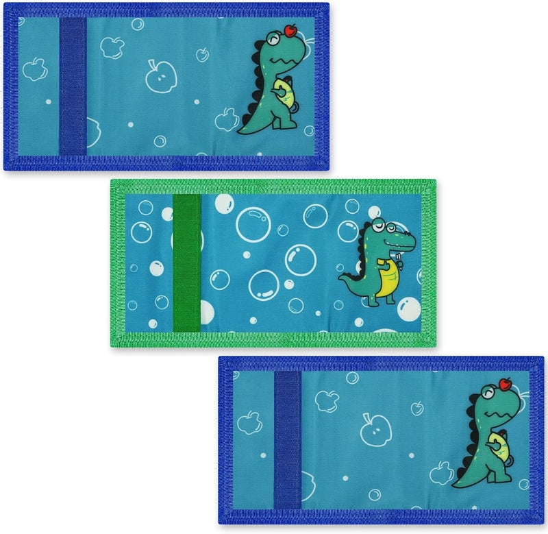 Sundee 3 Packs Kids Wallet Bulk, Mini Trifold Coin Purse Cartoon Wallet, RFID Blocking Wallet, Front Pocket Wallet with Zipper for Kids, Canvas Outdoor Sports Wallets with Magic Sticker - Dinosaur 4 - Image 3
